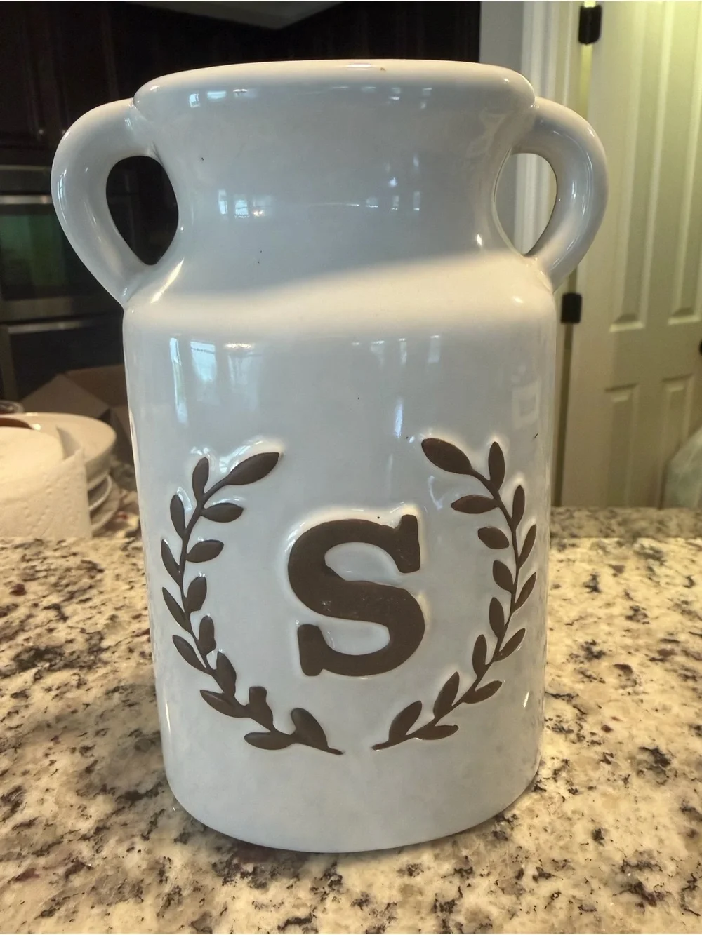 Kirklands White Ceramic Two-Handled Vase with Brown Monogram